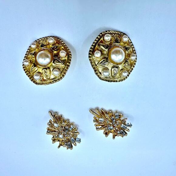 Mixed Lot of 2 Earrings Gold Starburst and Faux Pearl Round Embellished Retro - Picture 7 of 7